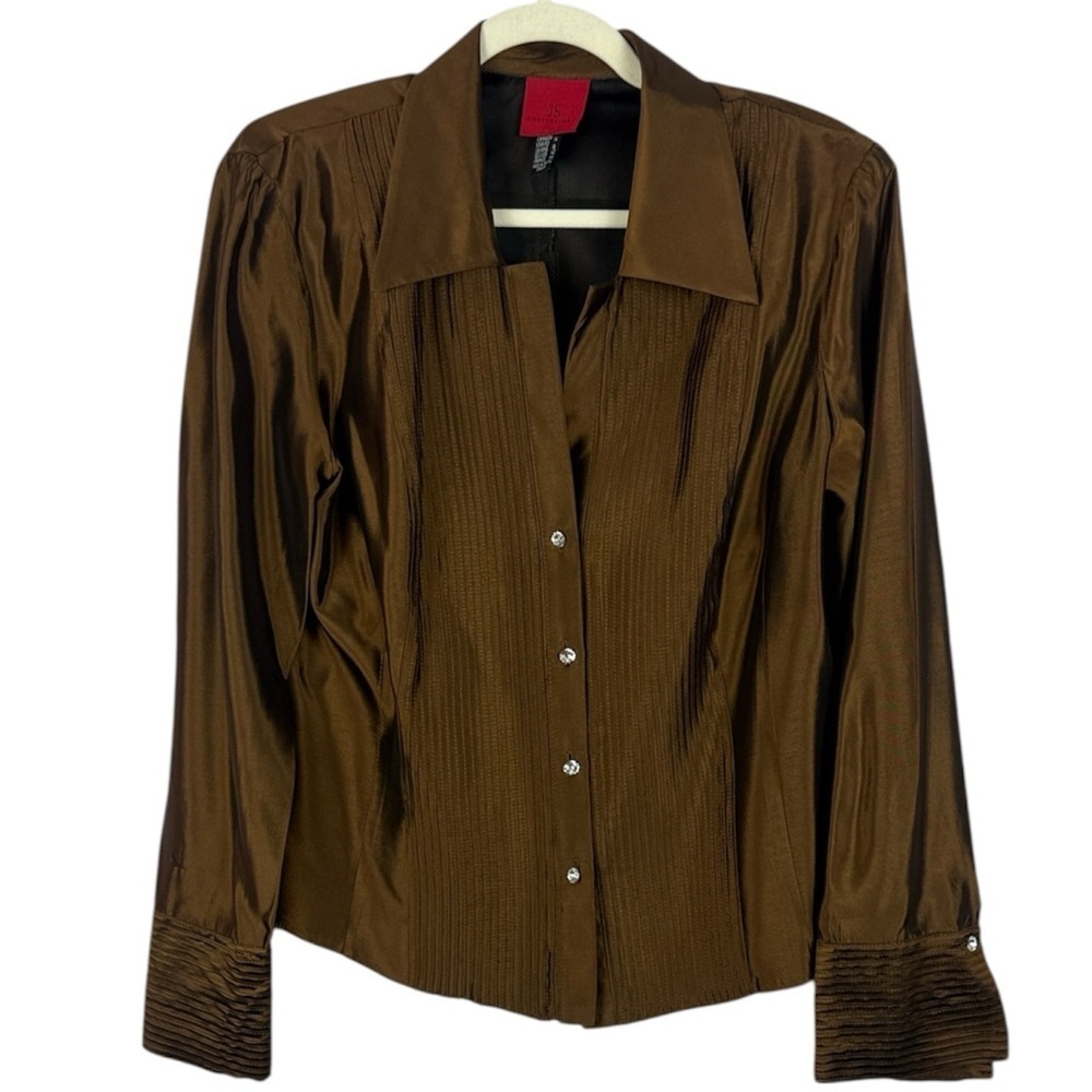 JS Collections Vintage Bronze Formal Metallic Dagger Collar Button-Down Blouse